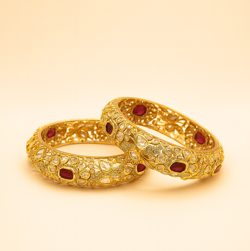Broad Ruby Kundan CZ Gold-Plated Bangles – Jevargarh - Image 3