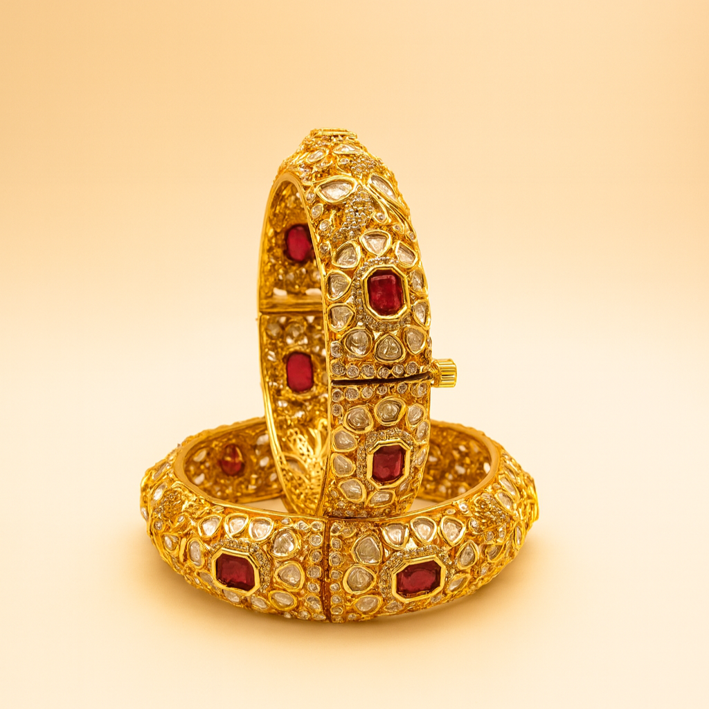Broad Ruby Kundan CZ Gold-Plated Bangles – Jevargarh