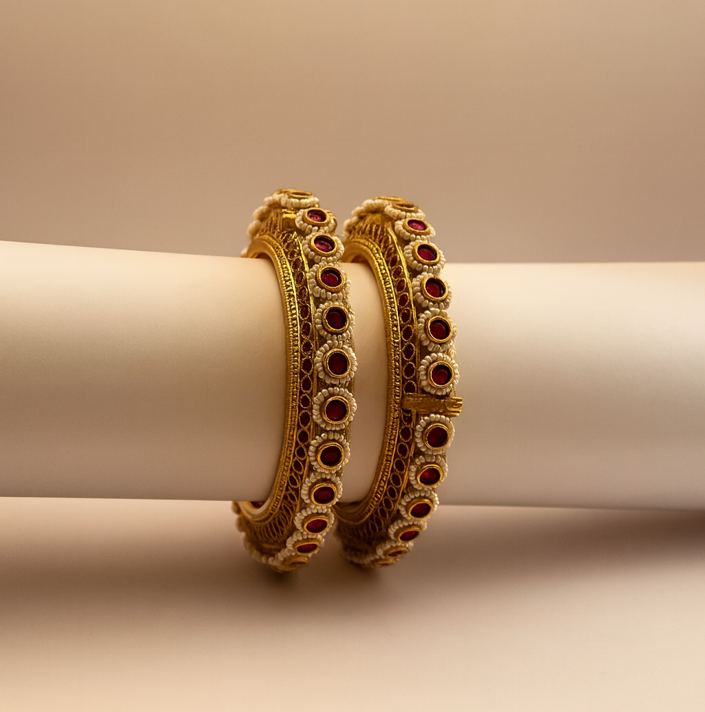 Round Ruby Floral Gold-Plated Bangles – Jevargarh - Image 3