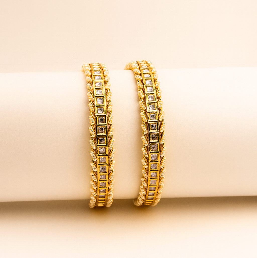 Square CZ Pearl Border Gold-Plated Bangles – Jevargarh - Image 3