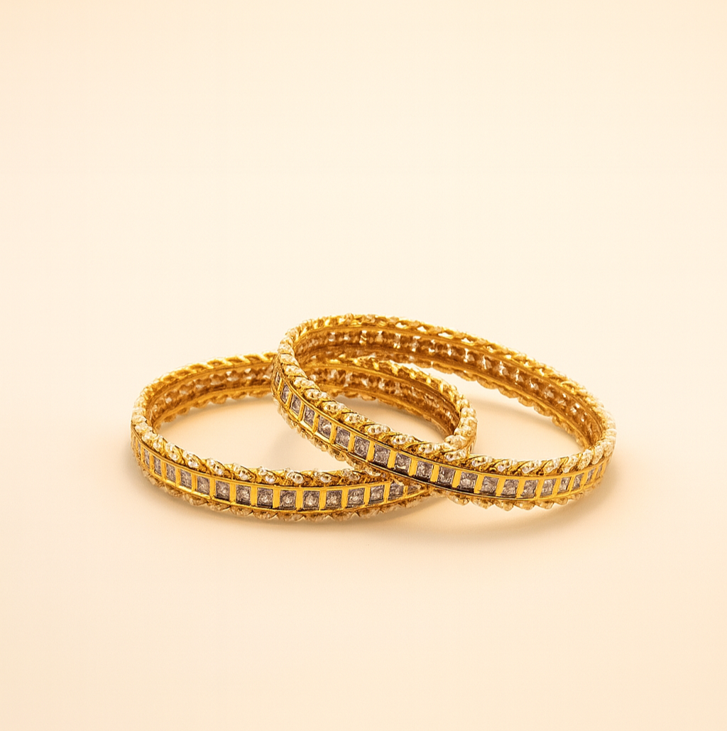 Square CZ Pearl Border Gold-Plated Bangles – Jevargarh - Image 2