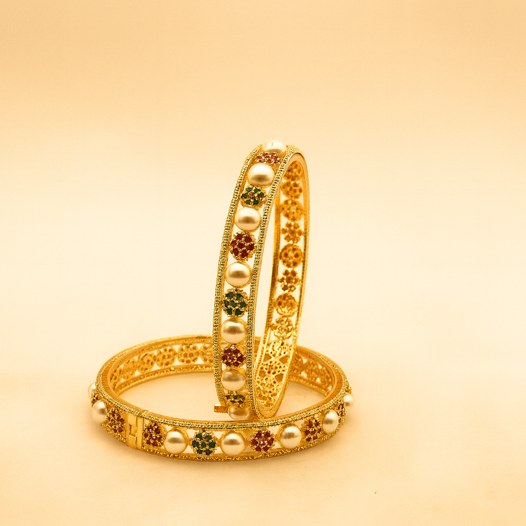 Pearl Floral Gold-Plated Bangles – Jevargarh