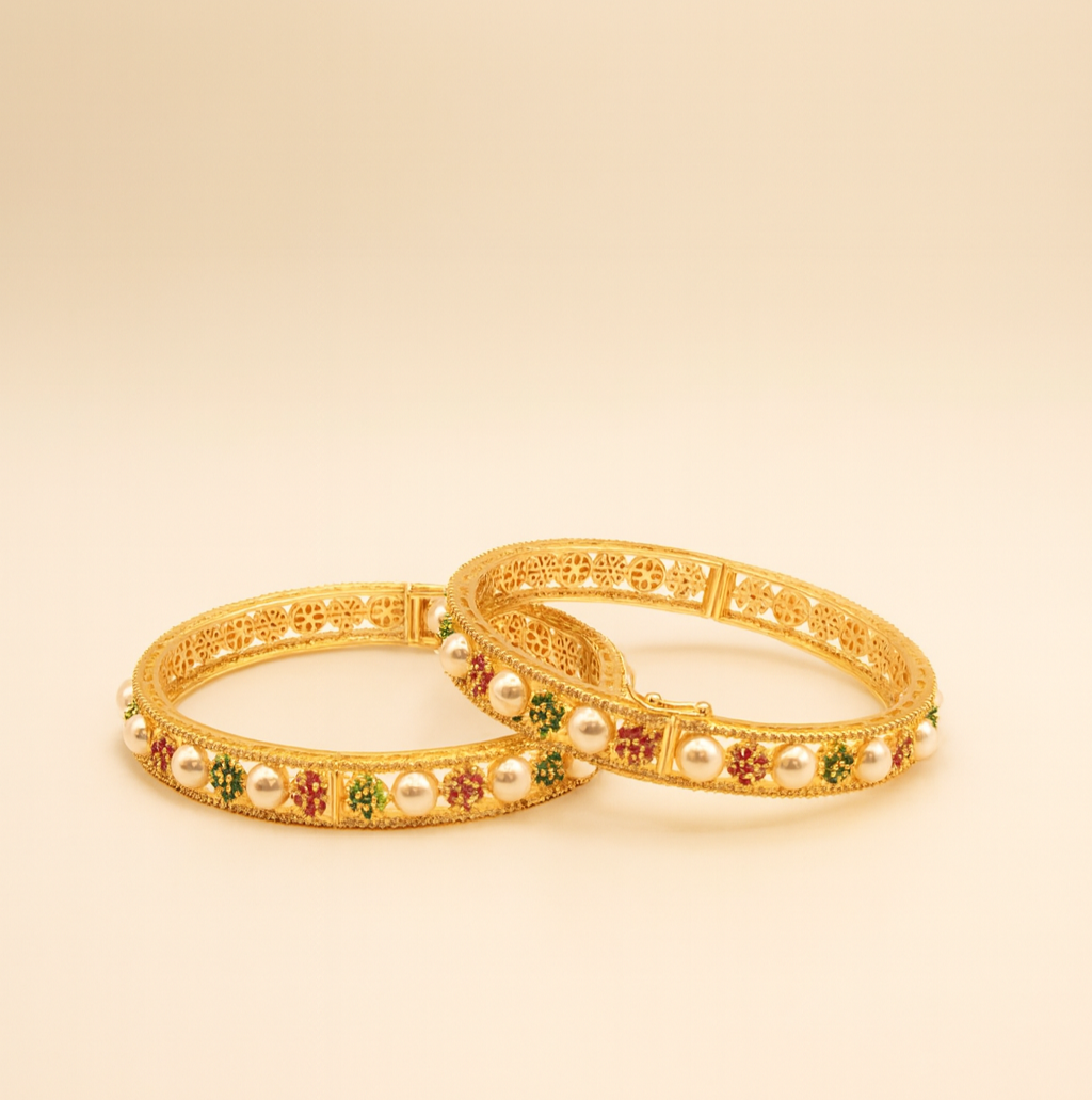 Pearl Floral Gold-Plated Bangles – Jevargarh - Image 2