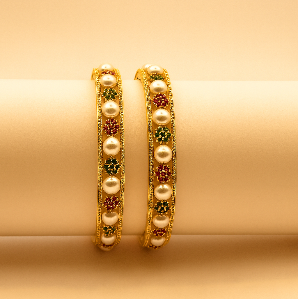 Pearl Floral Gold-Plated Bangles – Jevargarh - Image 3