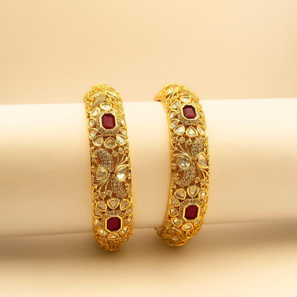 Broad Ruby Kundan CZ Gold-Plated Bangles – Jevargarh - Image 2