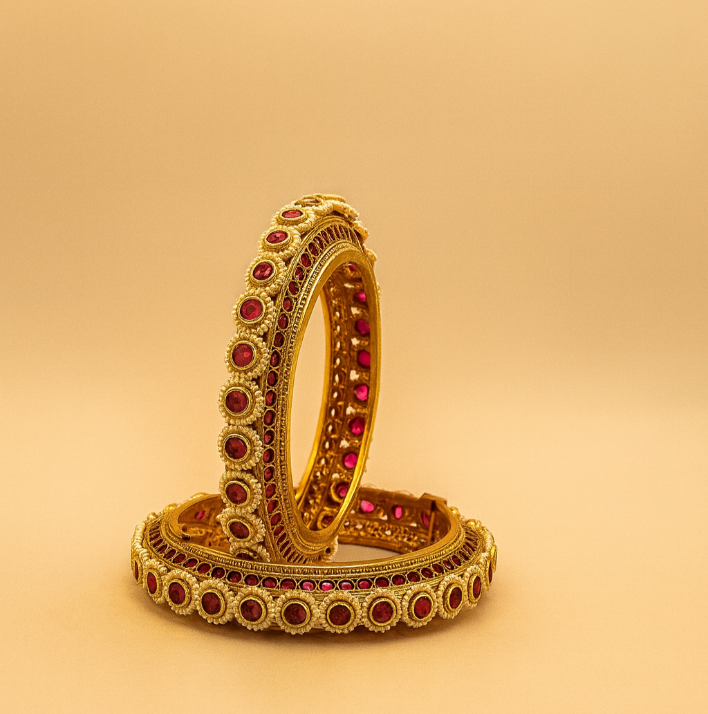 Round Ruby Floral Gold-Plated Bangles – Jevargarh - Image 2