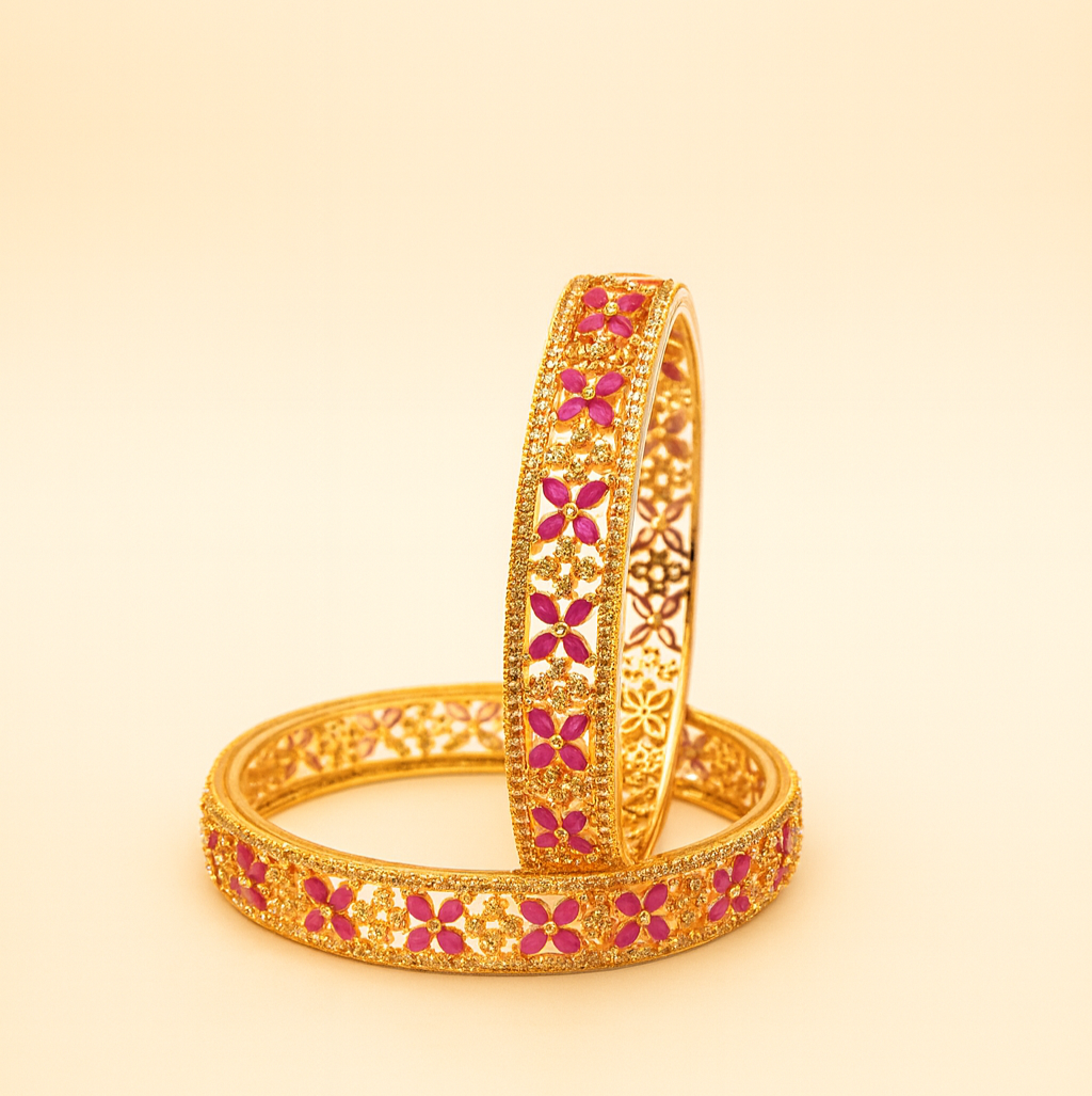 Pink Floral CZ Gold-Plated Bangles – Jevargarh - Image 2