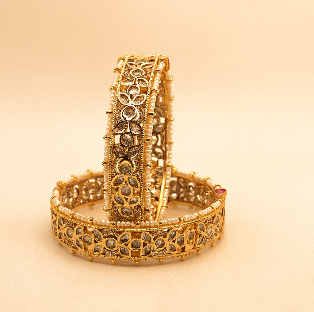 Kundan Floral Pearl-Edged Bangles – Jevargarh