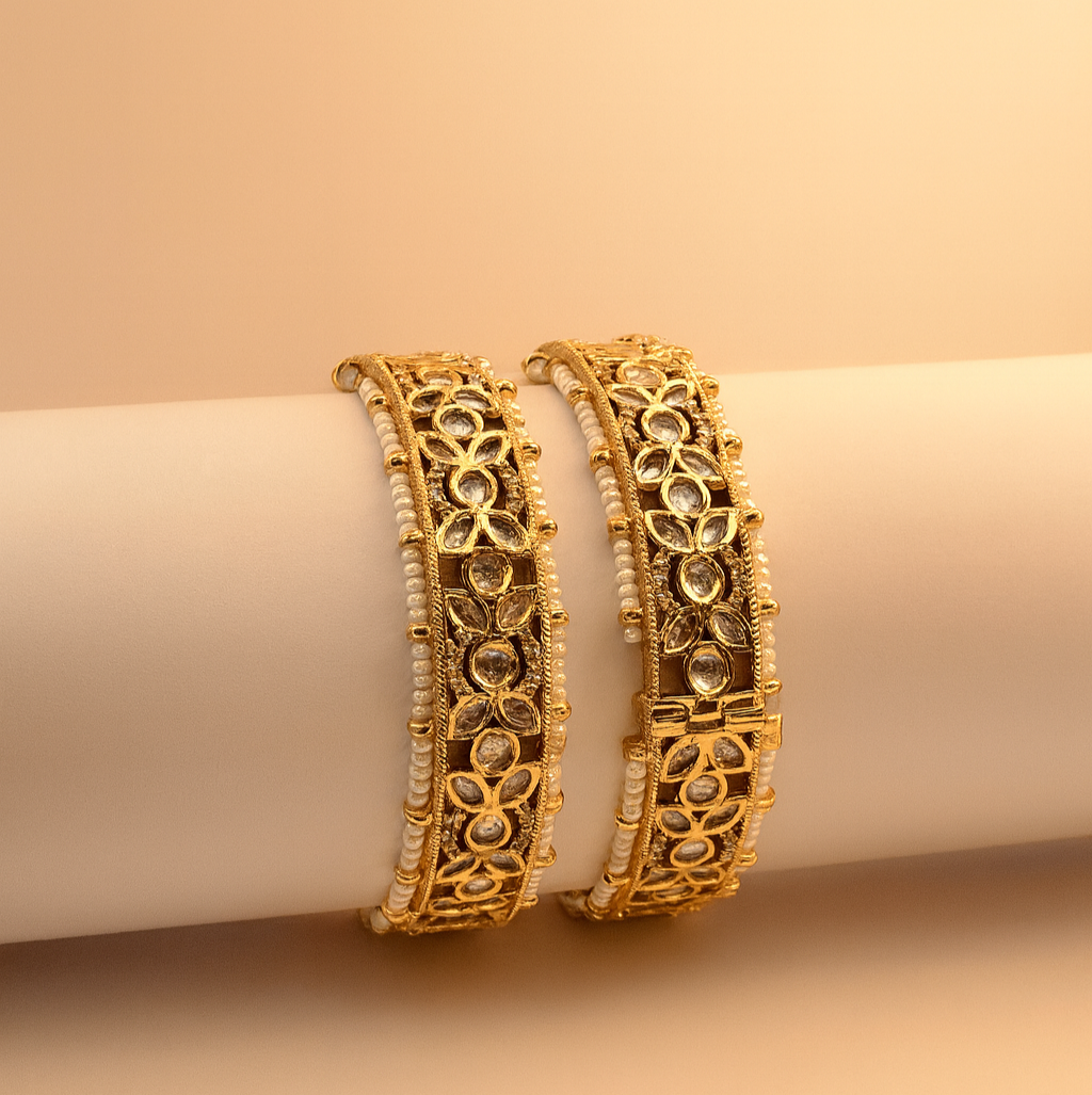 Kundan Floral Pearl-Edged Bangles – Jevargarh - Image 3