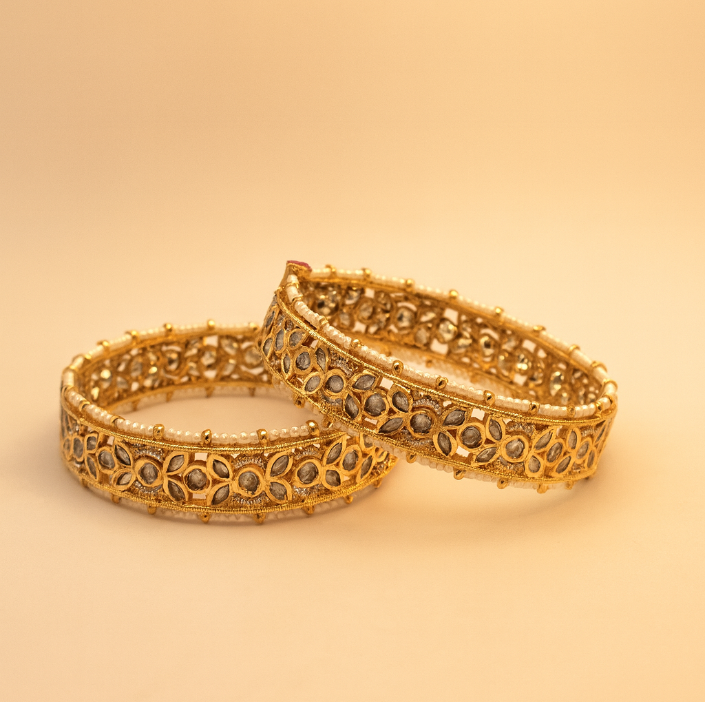 Kundan Floral Pearl-Edged Bangles – Jevargarh - Image 2