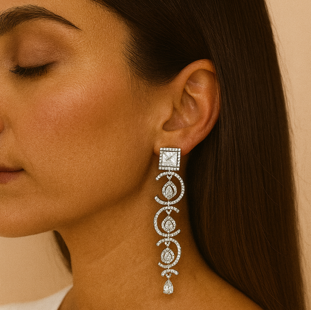 92.5 Sterling Silver Long Designer Earrings with CZ Stones