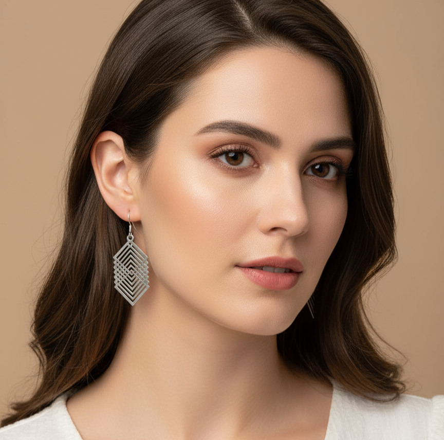 92.5 Silver Geometric Layered Designer Earring