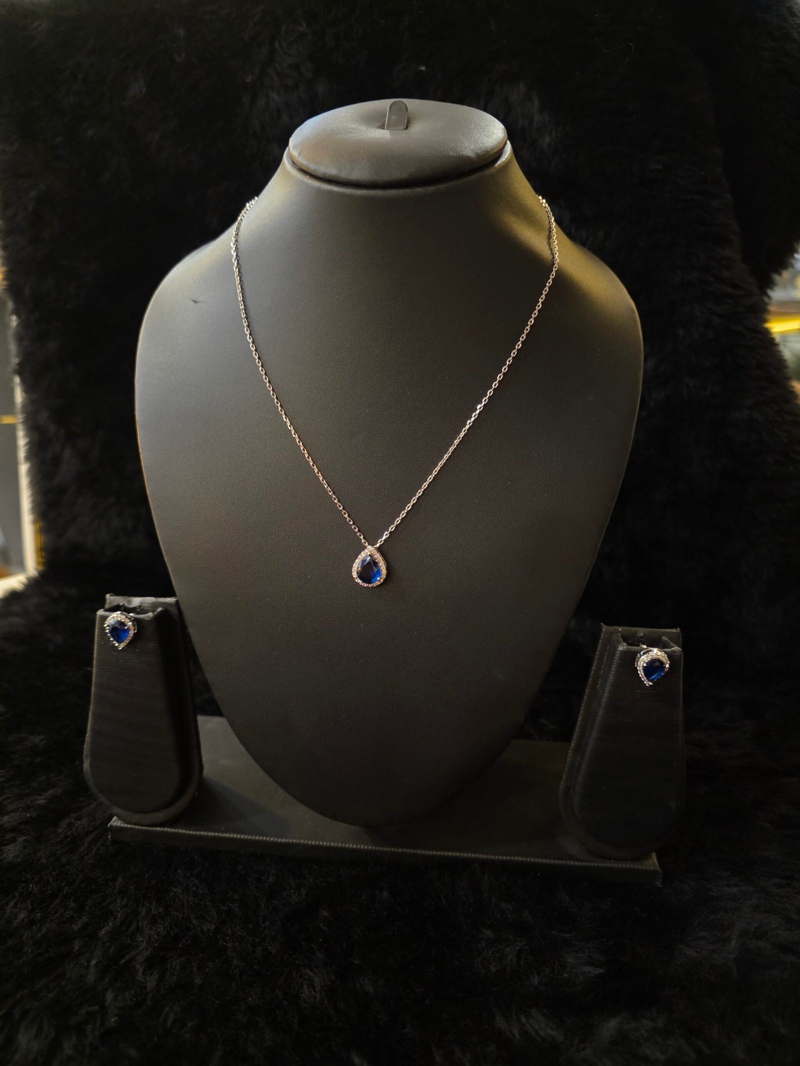 Blue Stone Pendant Necklace Set with Matching Stud Earrings - Image 2