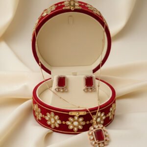 Swarovski Kundan Red Stone Pendant Necklace with Stud Earrings