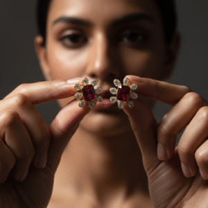 Ruby & Diamond Floral Stud Earrings in Gold Finish