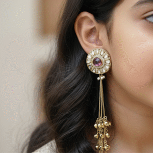Gold-Finish Kundan Stud Earrings with Pink Stone and Chain Drops