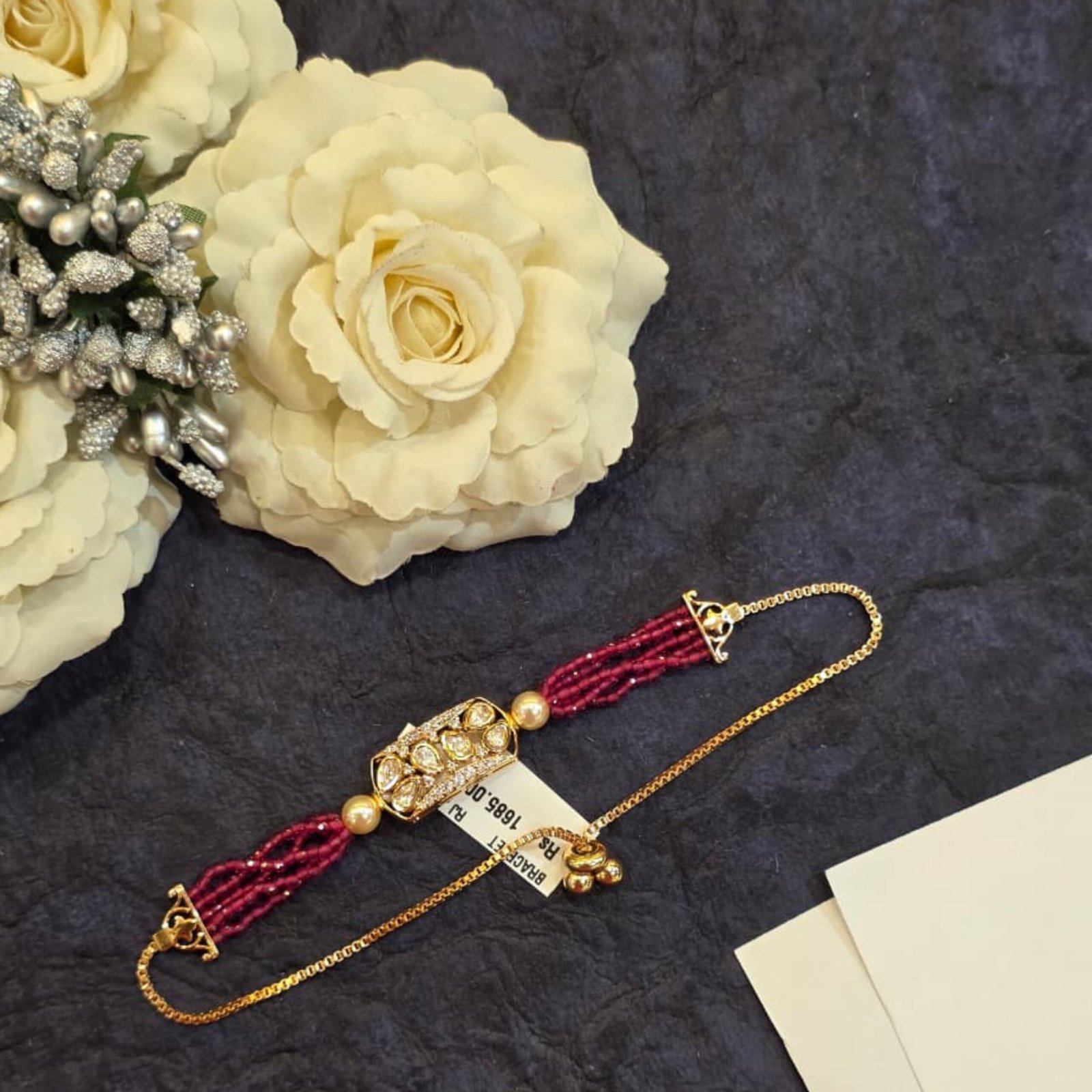 Swarovski Kundan Adjustable Bracelet with Ruby Beads - Image 3