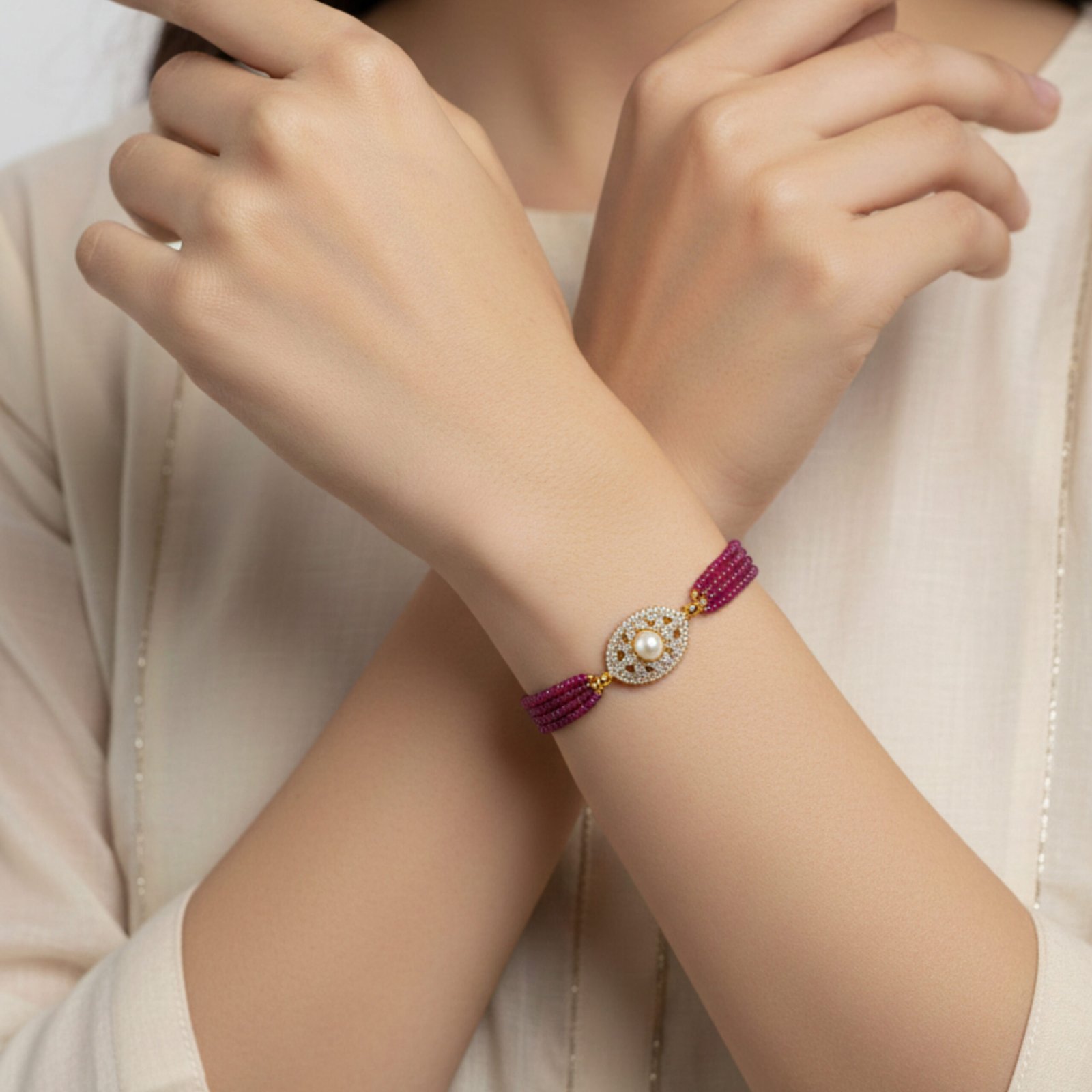 Swarovski Kundan Adjustable Bracelet with Ruby Beads