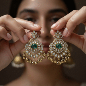 Gold-Finish Kundan Jhumka Earrings with Blue Stone and Pearl Drops