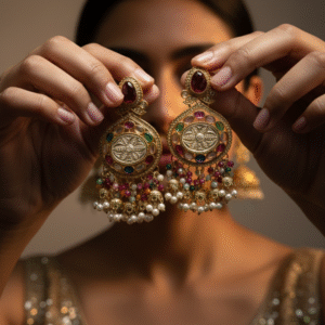 Gold-Finish Multicolor Stone Jhumka Earrings with Pearl Drops