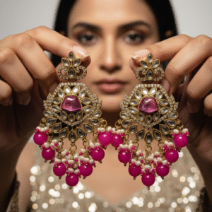 Gold-Finish Kundan Drop Earrings with Pink Stone and Beaded Tassels