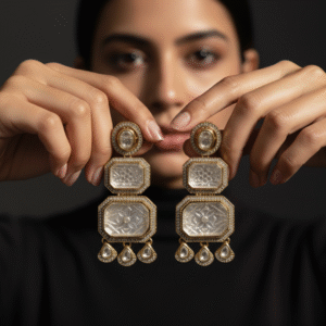 Gold-Finish Carved Stone Drop Earrings with Kundan Detailing