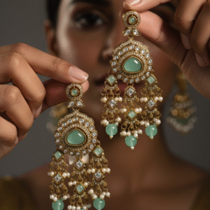Gold-Finish Kundan Drop Earrings with Mint Green Stone and Pearl Beads