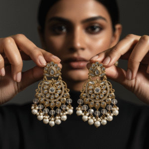 Gold Finish Kundan Pearl Drop Earrings with Circular Motif