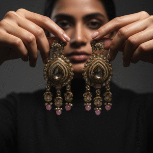 Gold-Tone Kundan Teardrop Earrings with Pink Bead Drops