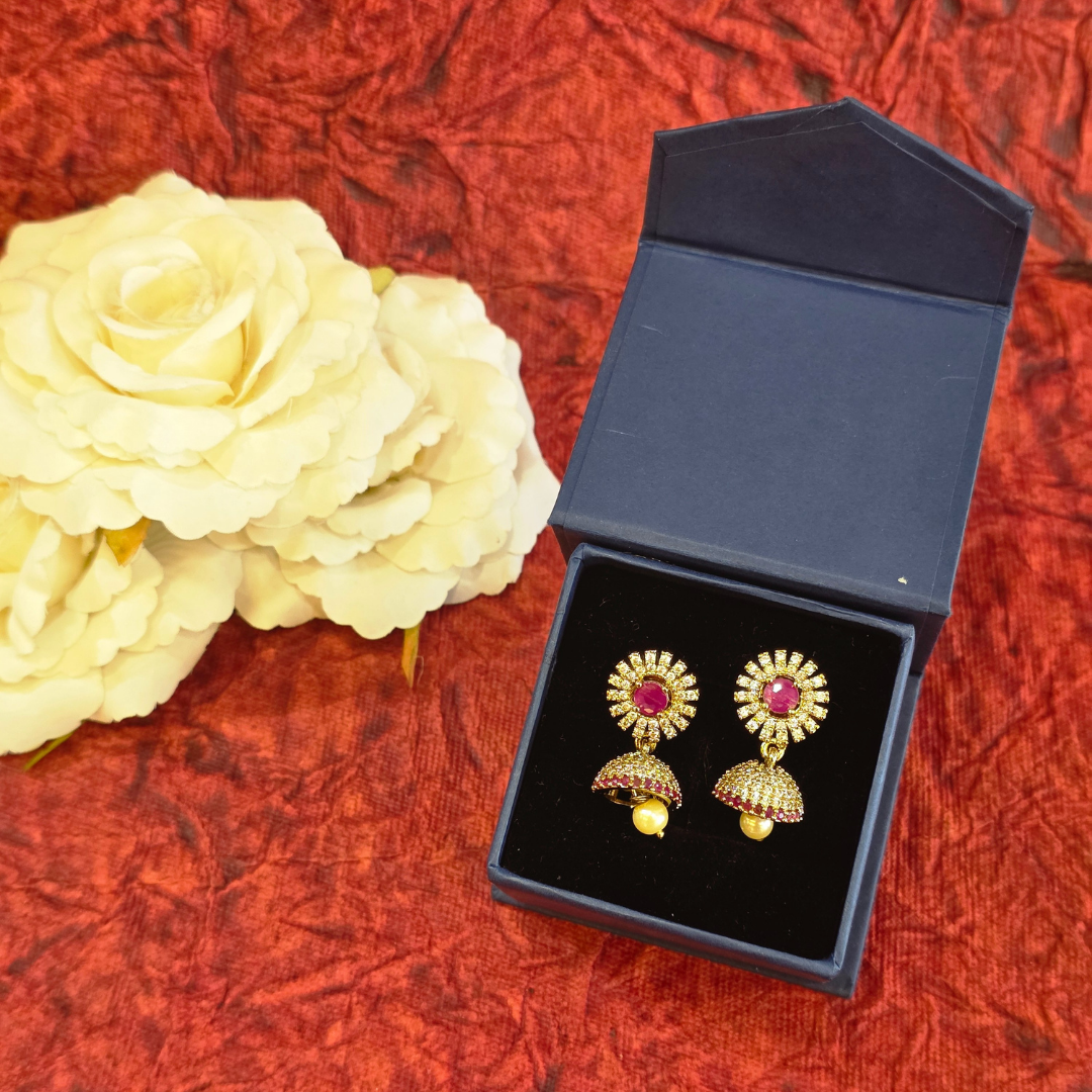 Ruby Stone Jhumka Earrings with Pearl Drop in Gold Tone - Image 3