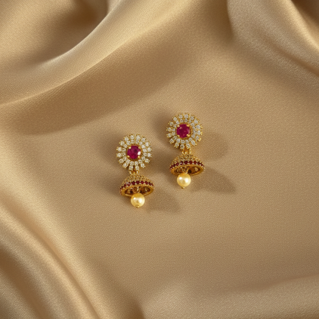 Ruby Stone Jhumka Earrings with Pearl Drop in Gold Tone - Image 2