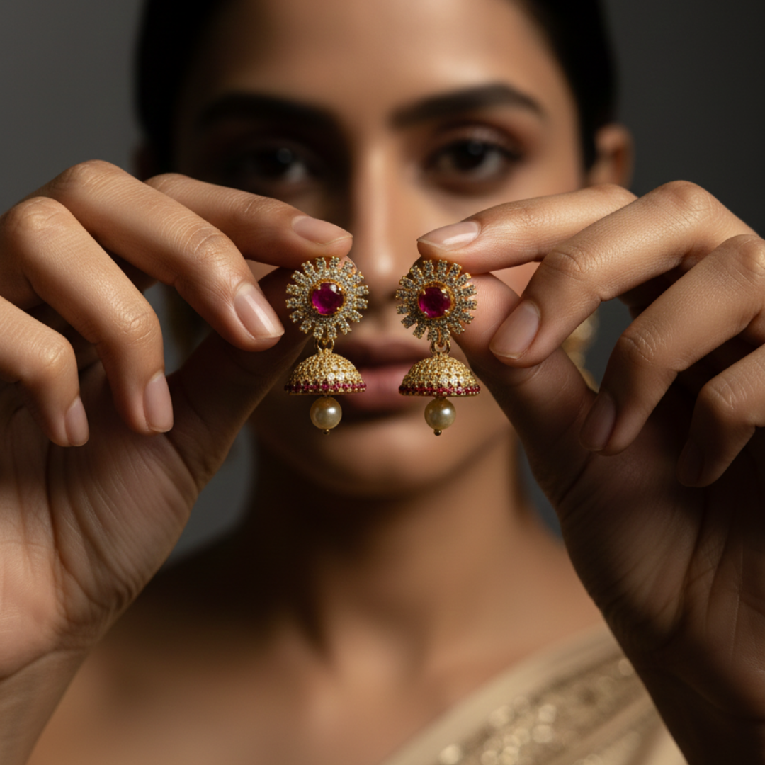 Ruby Stone Jhumka Earrings with Pearl Drop in Gold Tone
