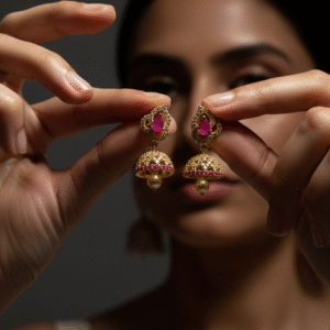 Pink Stone Gold-Finish Jhumka Earrings with Pearl Drop