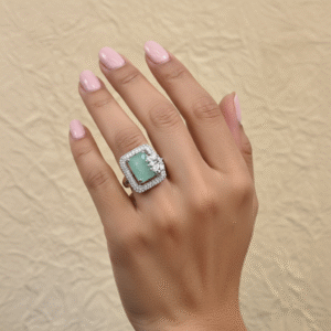 Square-Cut Green Gemstone and Diamond Halo Ring in White Metal