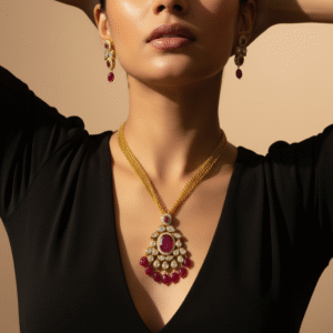 Ruby Tone Kundan Pendant Necklace Set with Matching Earrings