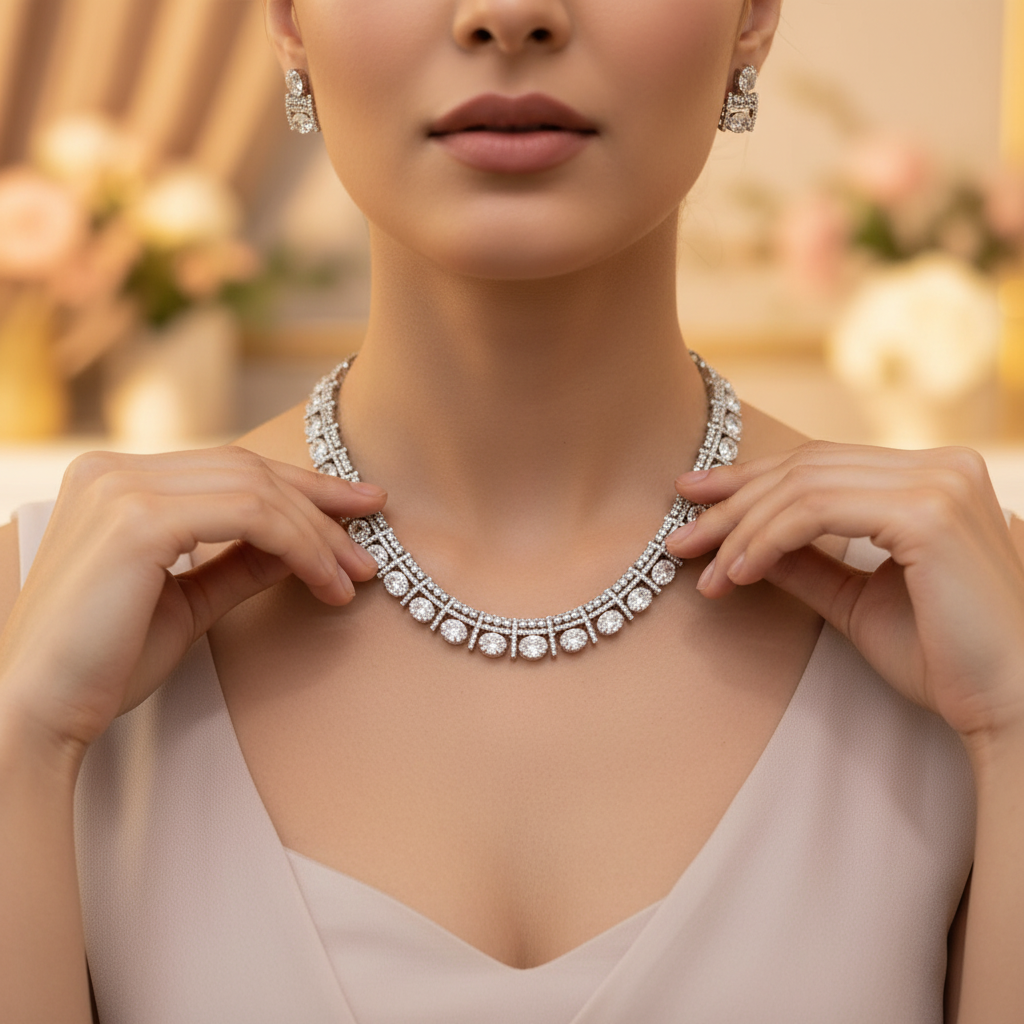 Diamond Pattern Choker Necklace Set with Matching Earrings