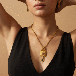 Traditional Gold-Finish Pendant Necklace Set with Matching Drop Earrings