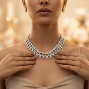 Diamond Leaf Choker Necklace Set with Matching Drop Earrings