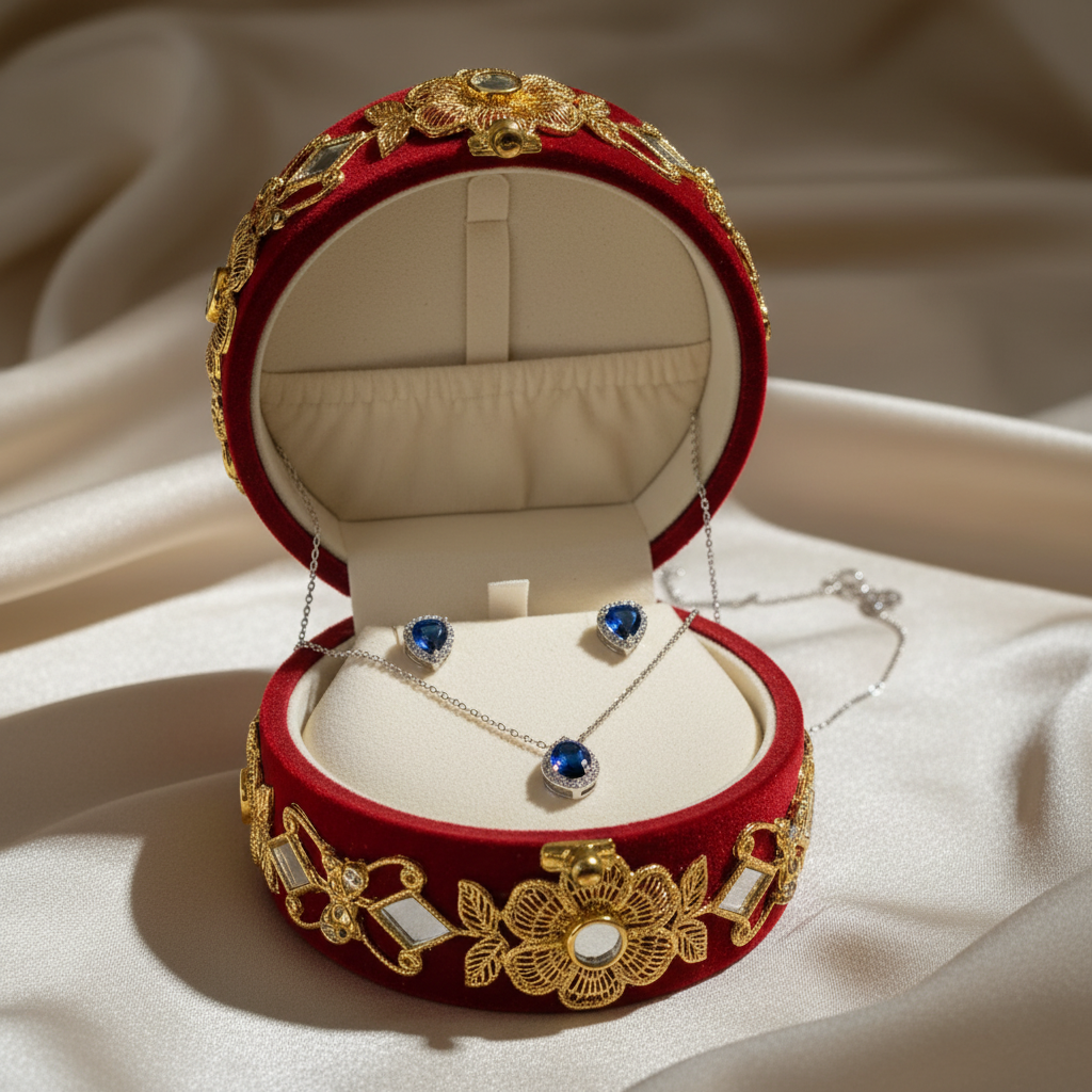 Blue Stone Pendant Necklace Set with Matching Stud Earrings