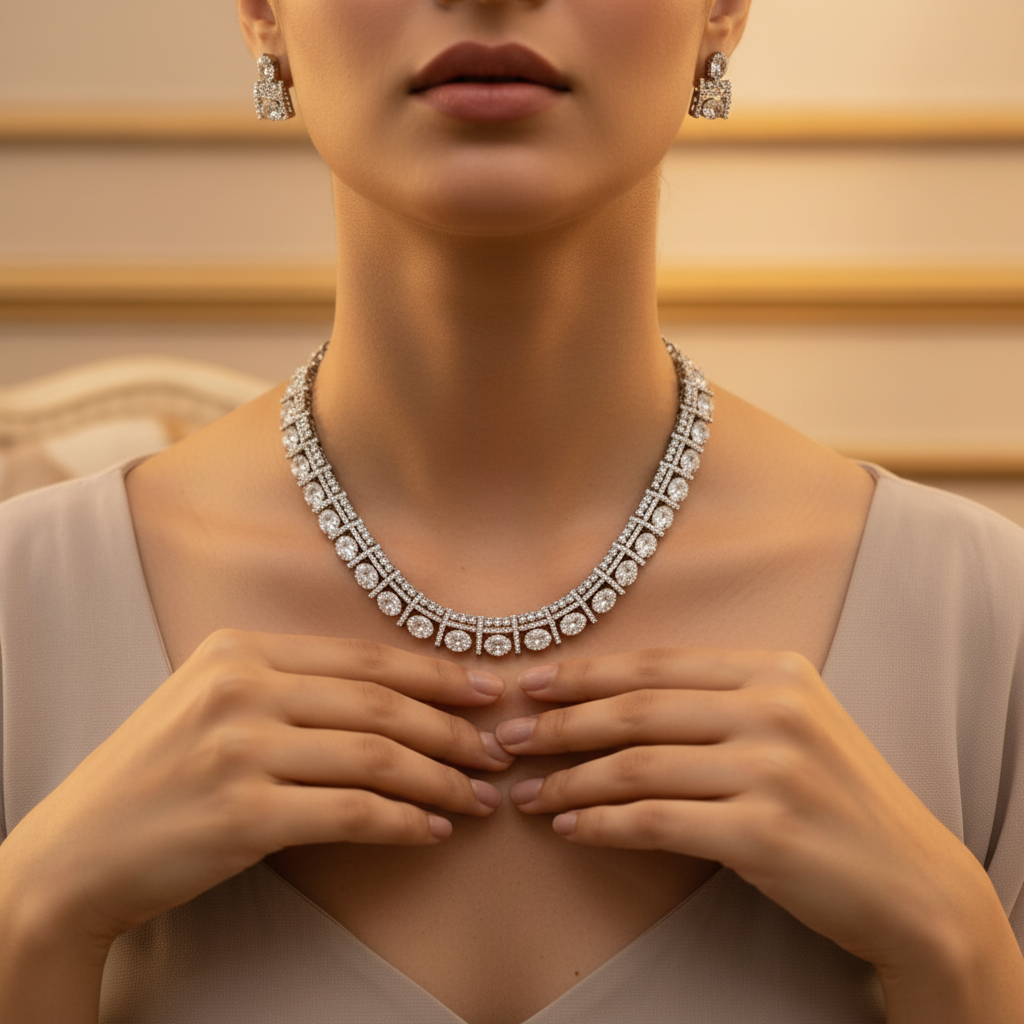 Diamond Pattern Choker Necklace Set with Matching Earrings - Image 2