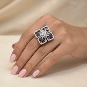 Purple Square-Cut Gemstone and Diamond Floral Cluster Ring in White Metal