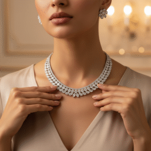 Leaf Motif Diamond Necklace Set with Matching Stud Earrings