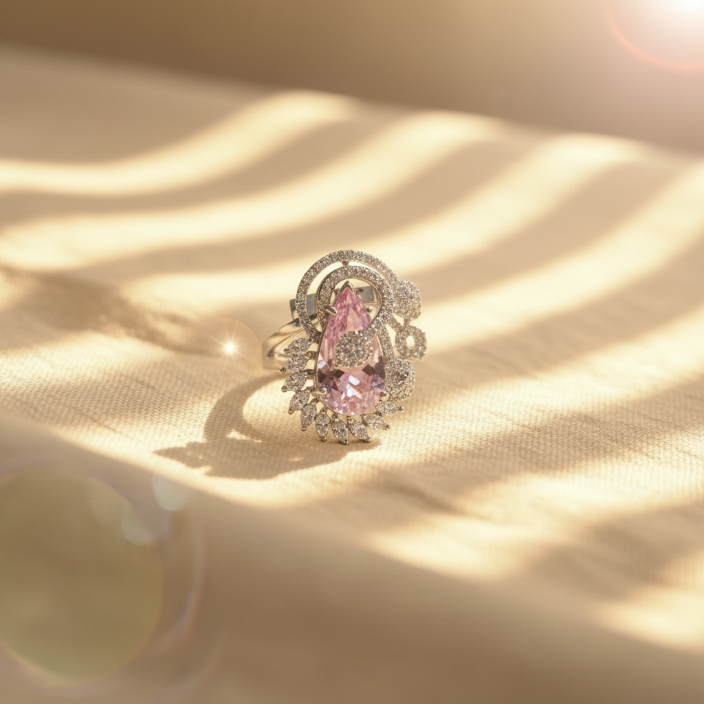 Teardrop Pink Stone with Pavé Diamond Floral Setting - Image 3