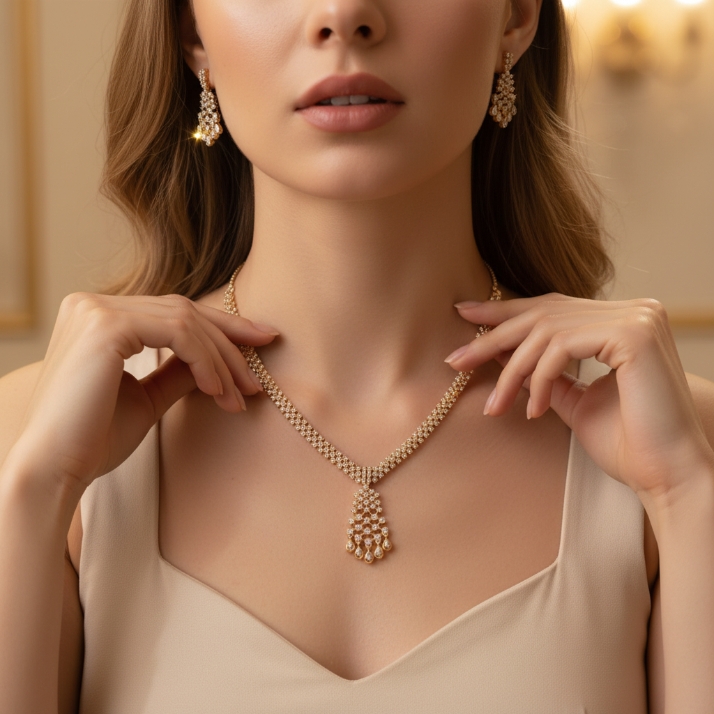 Gold Finish Diamond-Style Drop Necklace Set with Matching Earrings - Image 3