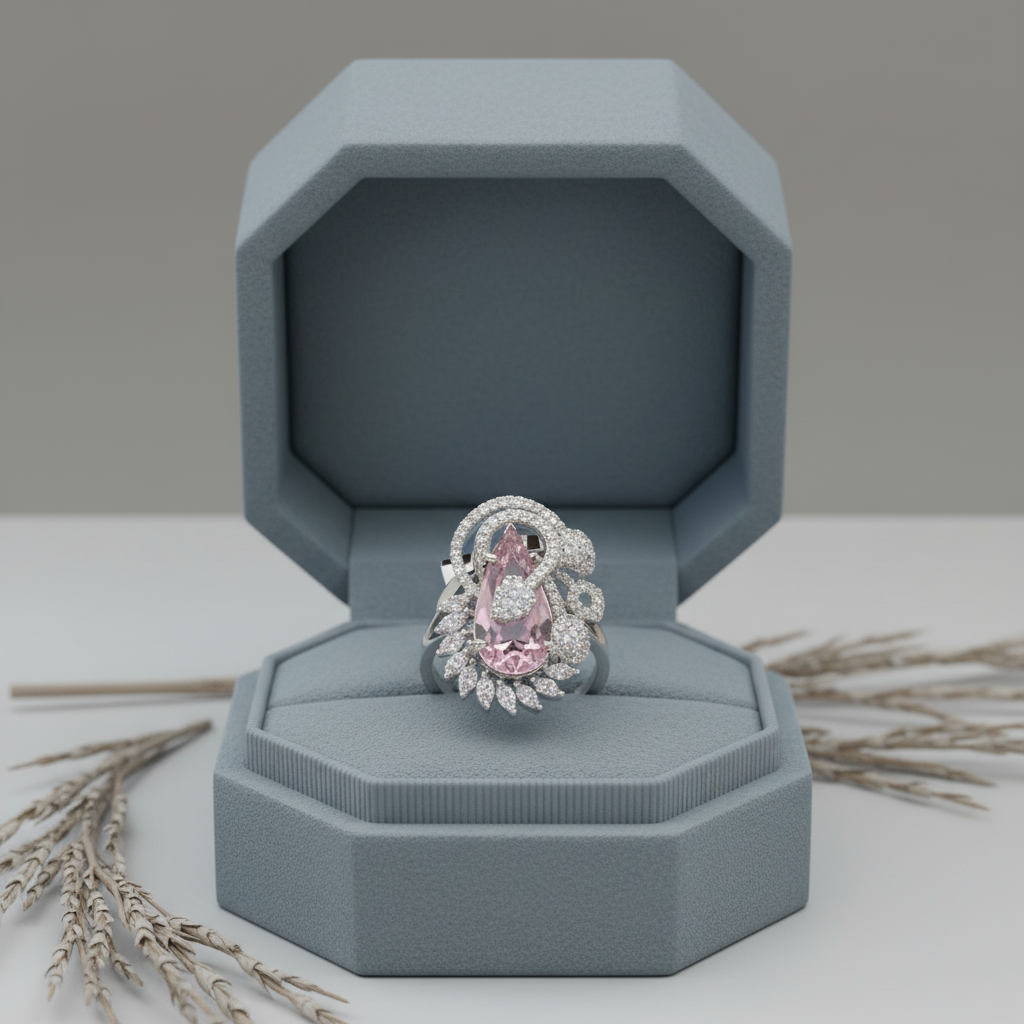 Teardrop Pink Stone with Pavé Diamond Floral Setting - Image 2