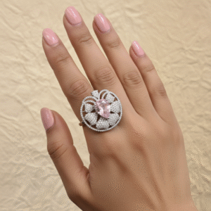Pink Pear-Cut Gemstone and Diamond Circular Cluster Ring in White Metal