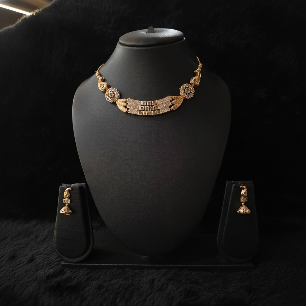 Gold Tone Diamond-Pattern Necklace Set with Matching Earrings - Image 2