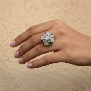 Multicolor Gemstone and Diamond Cluster Ring in White Metal
