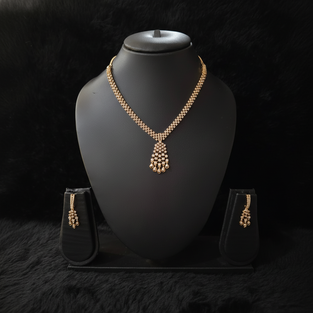 Gold Finish Diamond-Style Drop Necklace Set with Matching Earrings - Image 2