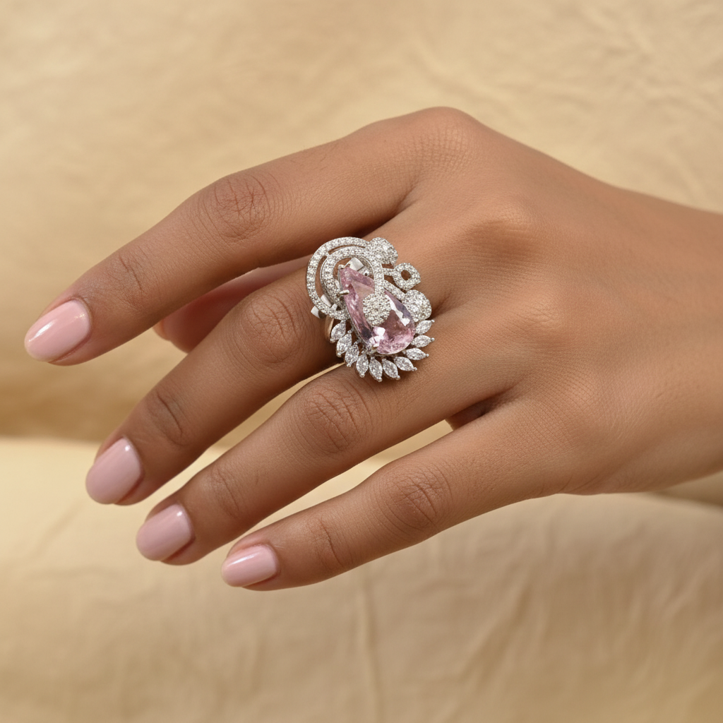 Teardrop Pink Stone with Pavé Diamond Floral Setting